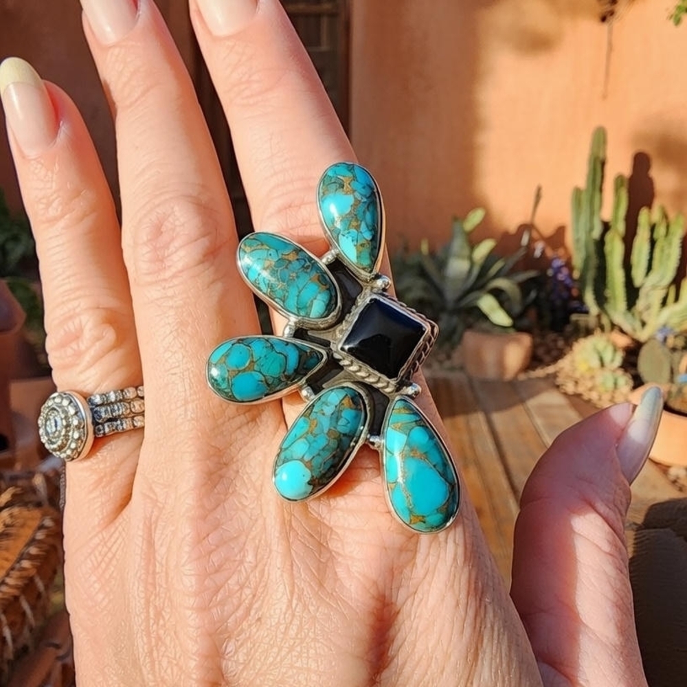 Cluster Turquoise Native American Ajustable Ring Sterling Silver Size 7 And Up